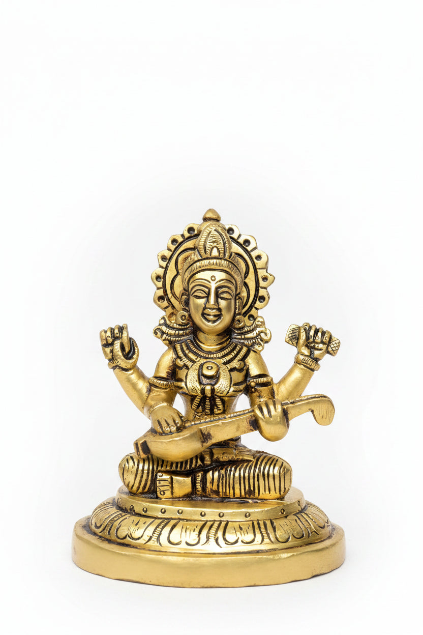 Pure Brass Saraswati Devi with Veena Superfine Idol Handcrafted Murti for Home Mandir Study Room and Gifting - ManiMonk
