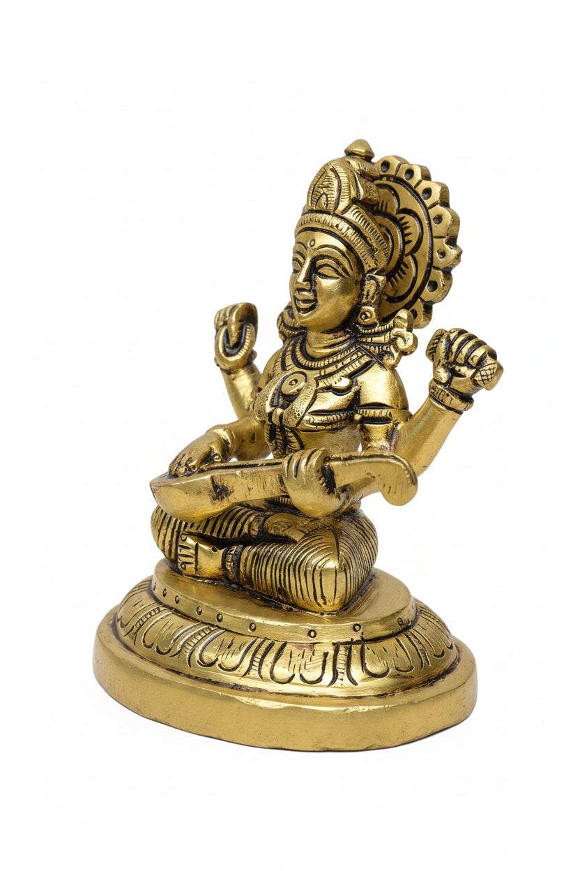 Pure Brass Saraswati Devi with Veena Superfine Idol Handcrafted Murti for Home Mandir Study Room and Gifting - ManiMonk