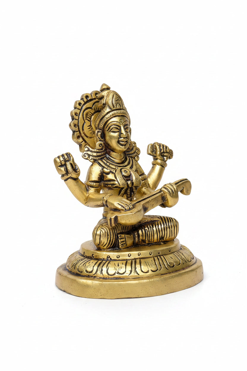 Pure Brass Saraswati Devi with Veena Superfine Idol Handcrafted Murti for Home Mandir Study Room and Gifting - ManiMonk
