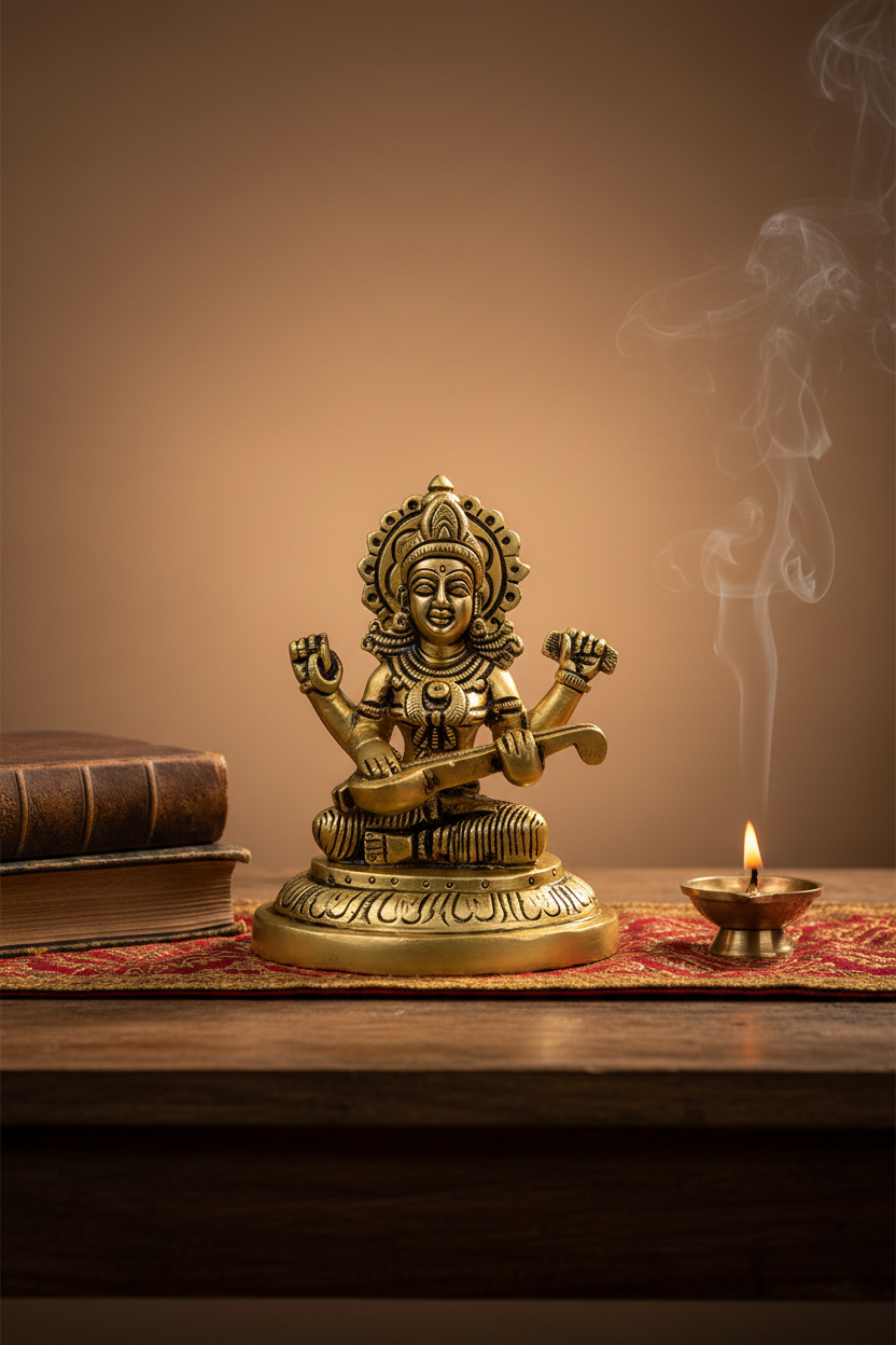 Pure Brass Saraswati Devi with Veena Superfine Idol Handcrafted Murti for Home Mandir Study Room and Gifting - ManiMonk