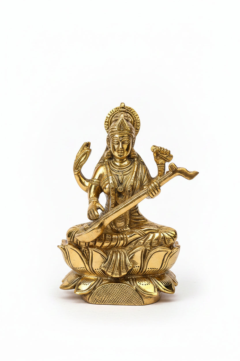 Pure Brass Saraswati Mata Murti 6 Inch Handcrafted Idol for Puja Room Home Temple and Gifting