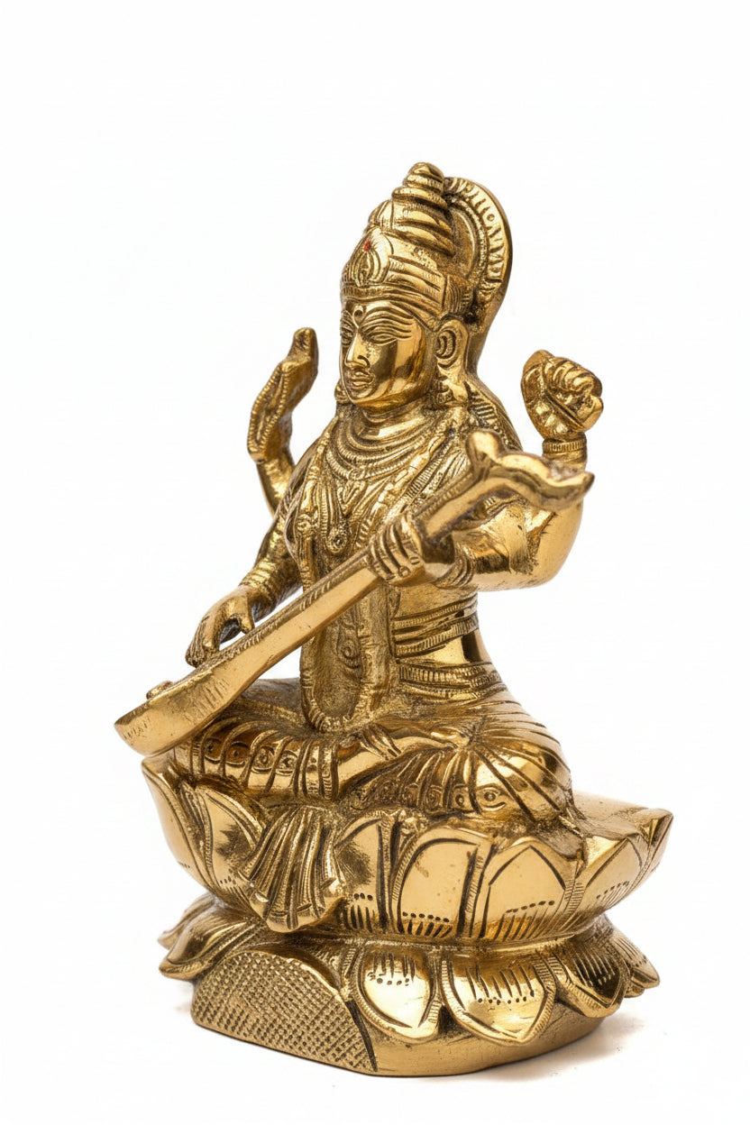 Pure Brass Saraswati Mata Murti 6 Inch Handcrafted Idol for Puja Room Home Temple and Gifting