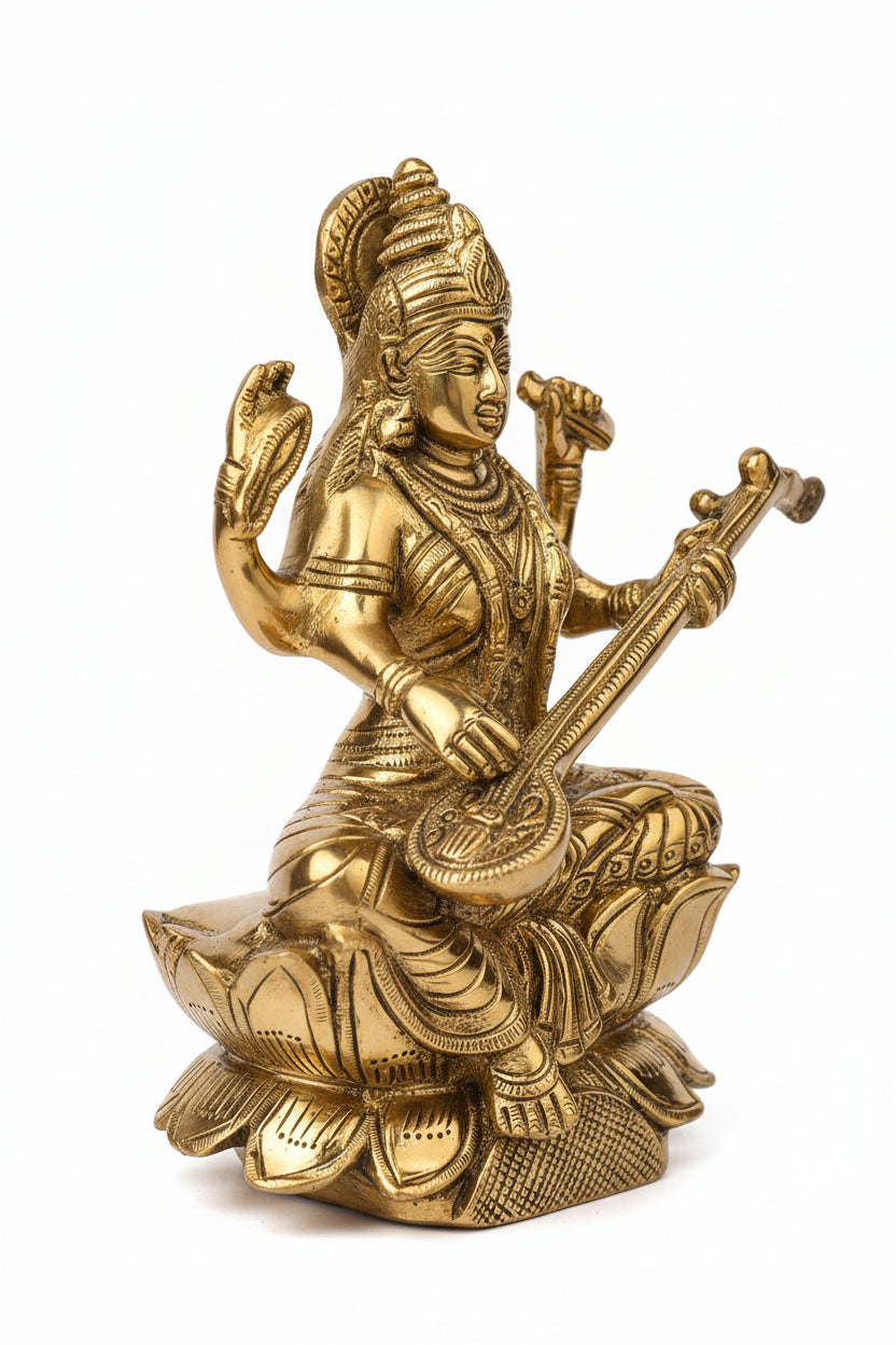 Pure Brass Saraswati Mata Murti 6 Inch Handcrafted Idol for Puja Room Home Temple and Gifting