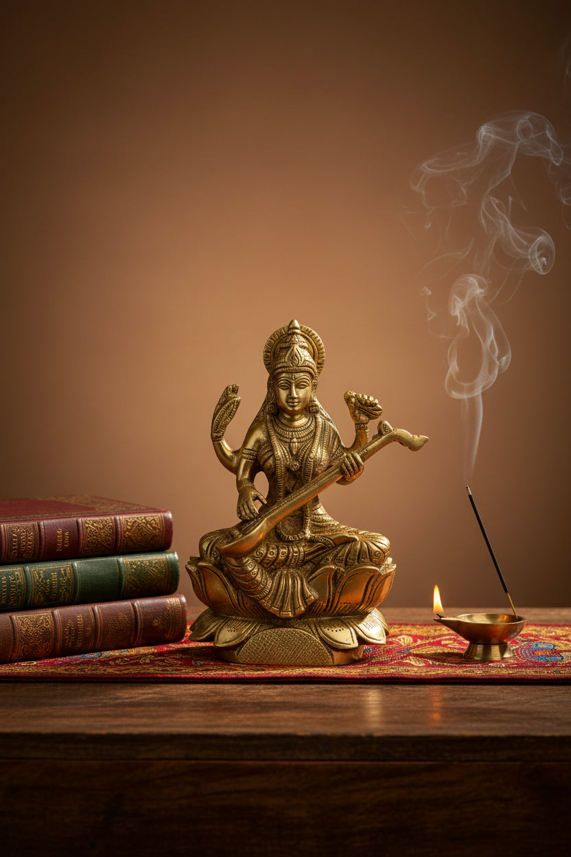 Pure Brass Saraswati Mata Murti 6 Inch Handcrafted Idol for Puja Room Home Temple and Gifting
