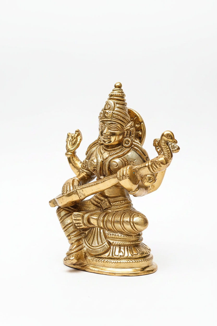 Pure Brass Saraswati Puja Murti 3 Inch Mini Handcrafted Idol for Home Temple Altar and Gifting