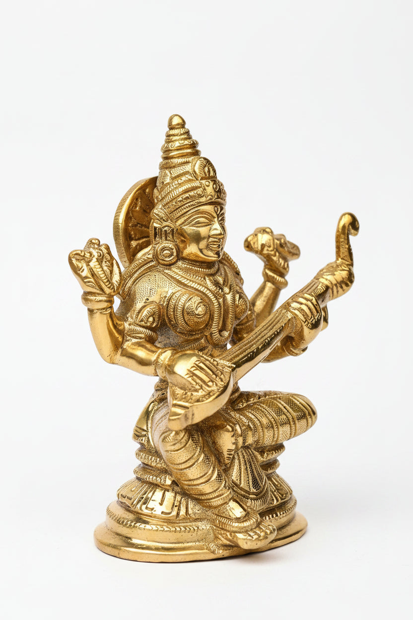 Pure Brass Saraswati Puja Murti 3 Inch Mini Handcrafted Idol for Home Temple Altar and Gifting