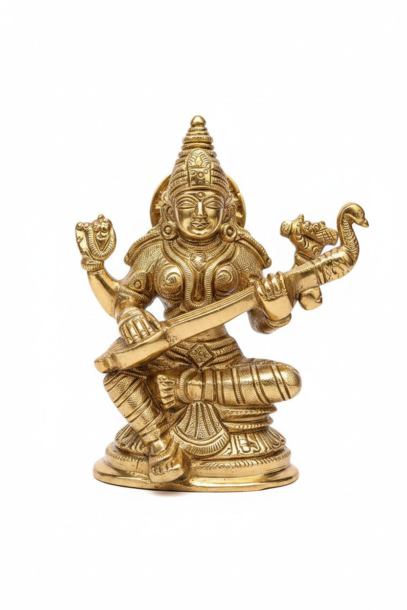Pure Brass Saraswati Puja Murti 3 Inch Mini Handcrafted Idol for Home Temple Altar and Gifting
