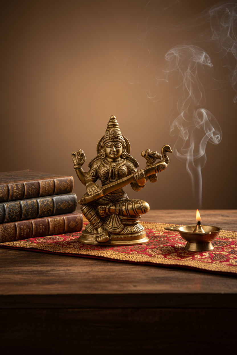 Pure Brass Saraswati Puja Murti 3 Inch Mini Handcrafted Idol for Home Temple Altar and Gifting