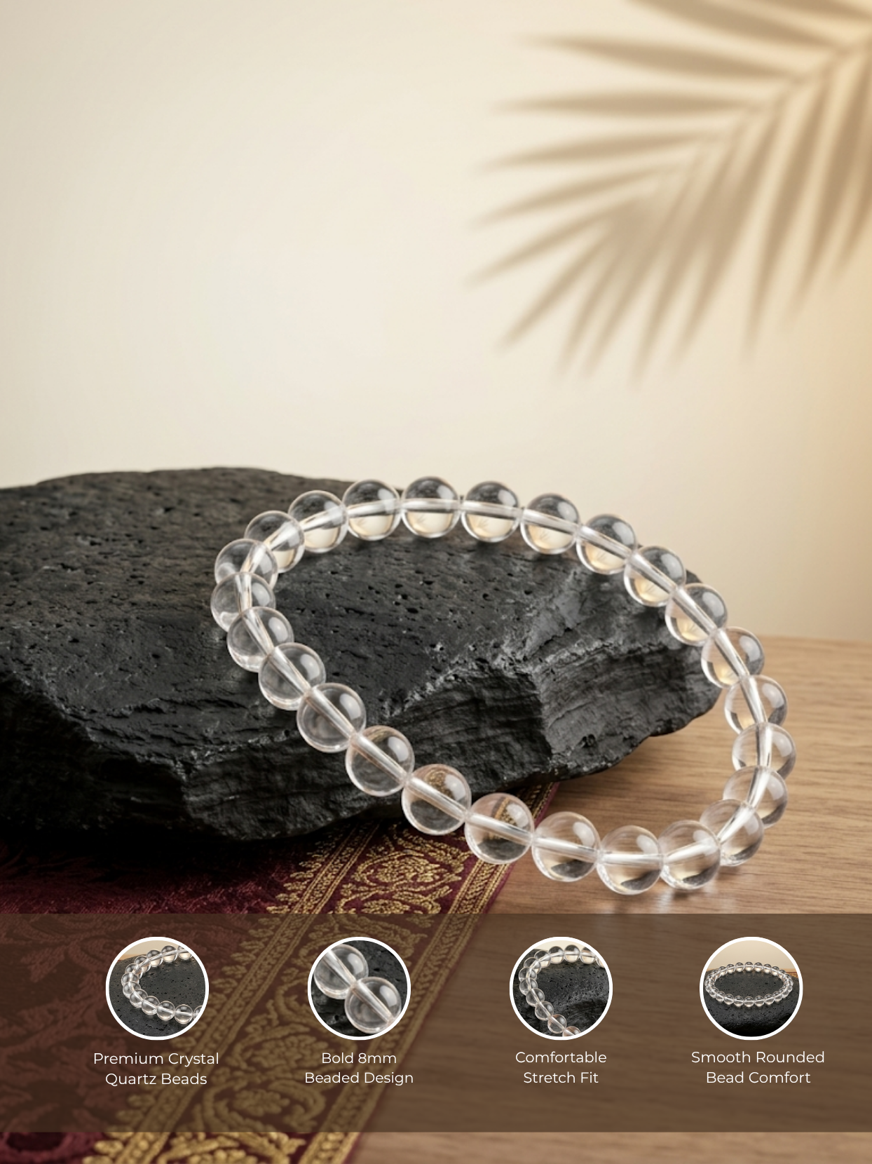 Detailed feature graphic of the Mani Monk Sphatik bracelet highlighting the premium crystal quartz material, 8mm bead size, and comfortable elastic stretch fit.