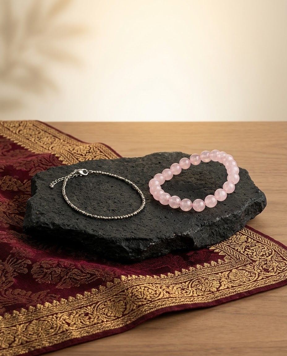 Mani Monk Pyrite Anklet with Rose Quartz Bracelet