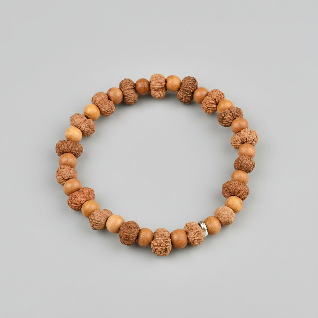 14 Mukhi Rudraksha & White Sandalwood Bracelet – 8-10mm | 18+18 Beads
