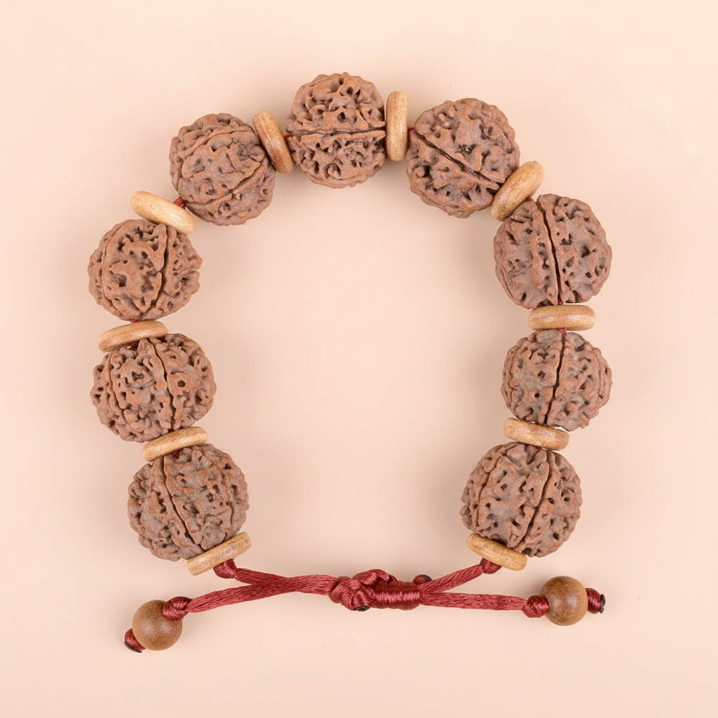 6 Mukhi Nepali Rudraksha Wooden Spacer Adjustable Bracelet-Regular