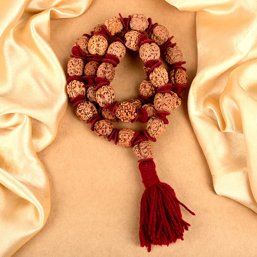 3 Mukhi Nepal Rudraksha Woolen Spacer Kantha Mala-Large