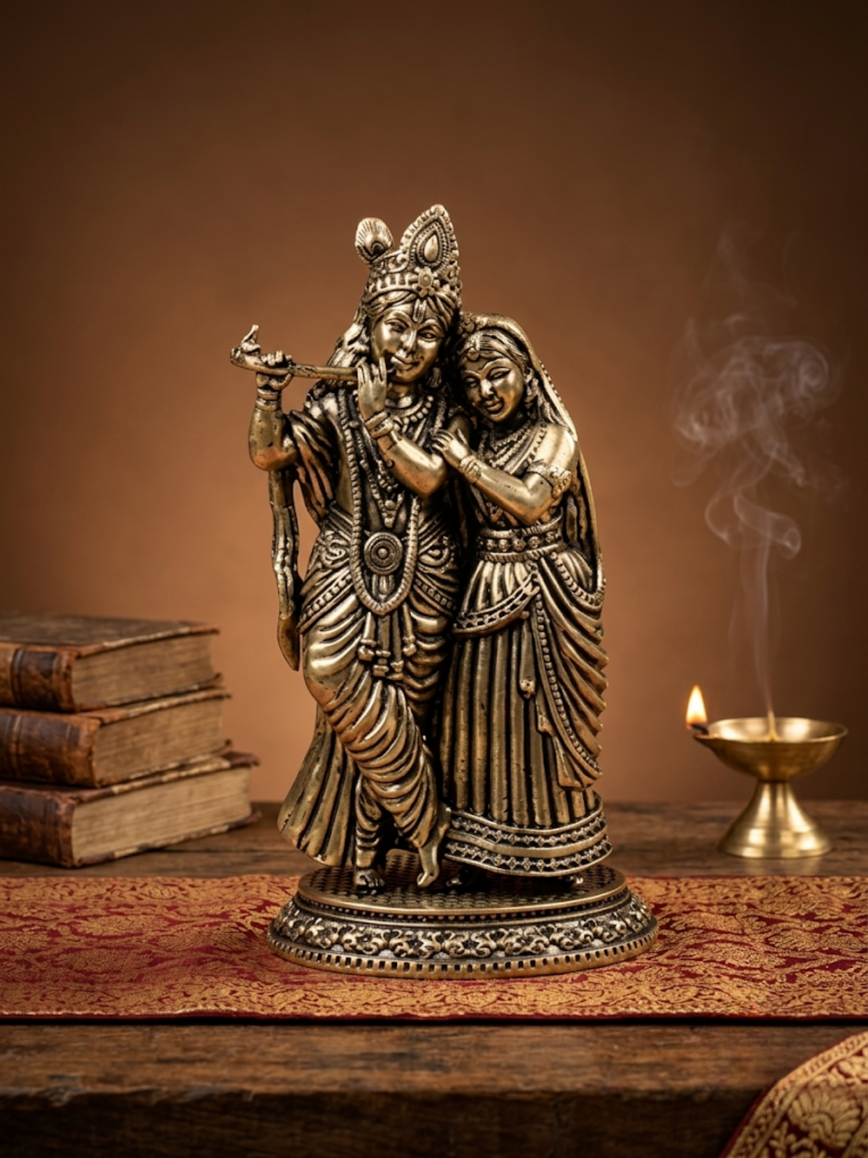 Front view of the Mani Monk Ashtadhatu Radha Krishna idol, styled on a traditional pooja altar with incense and a lit diya.