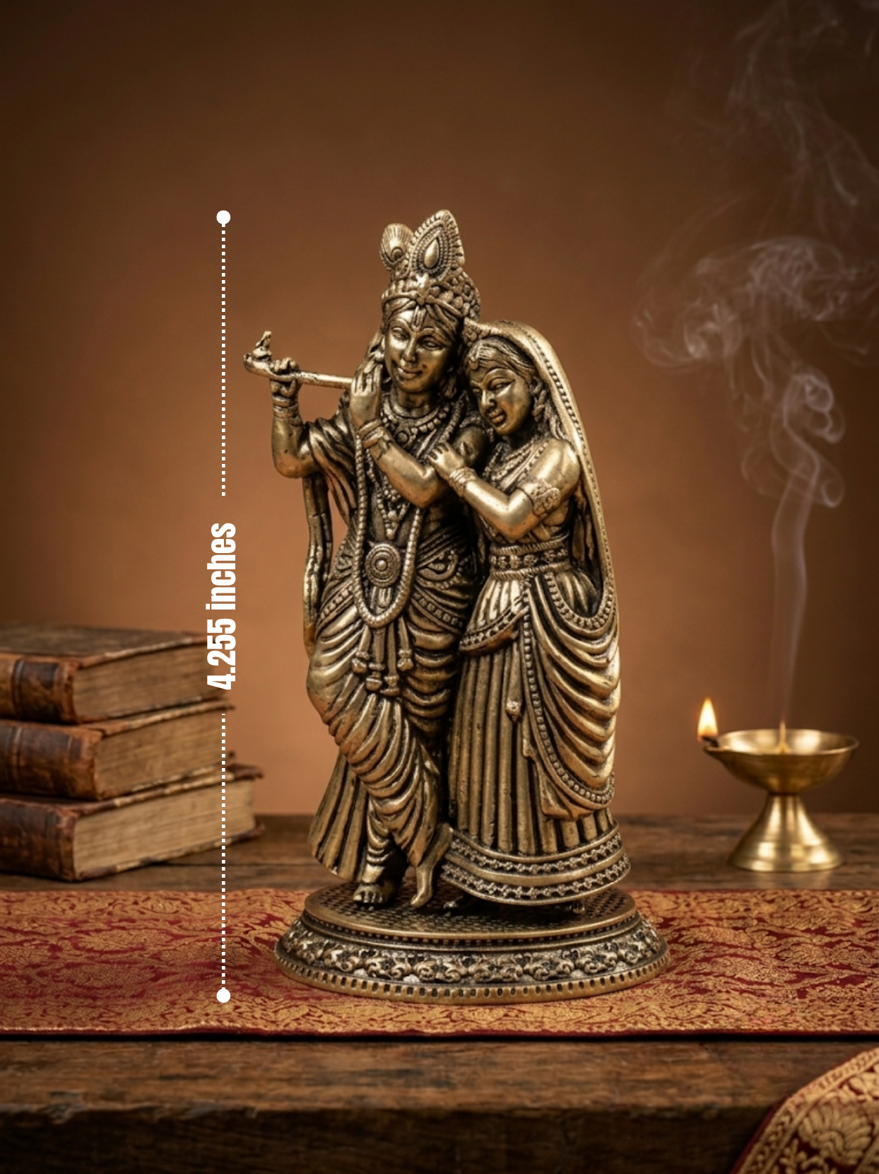 Dimensions scale view of the 8-metal Ashtadhatu Radha Krishna murti, perfectly sized for home mandir decor and spiritual worship