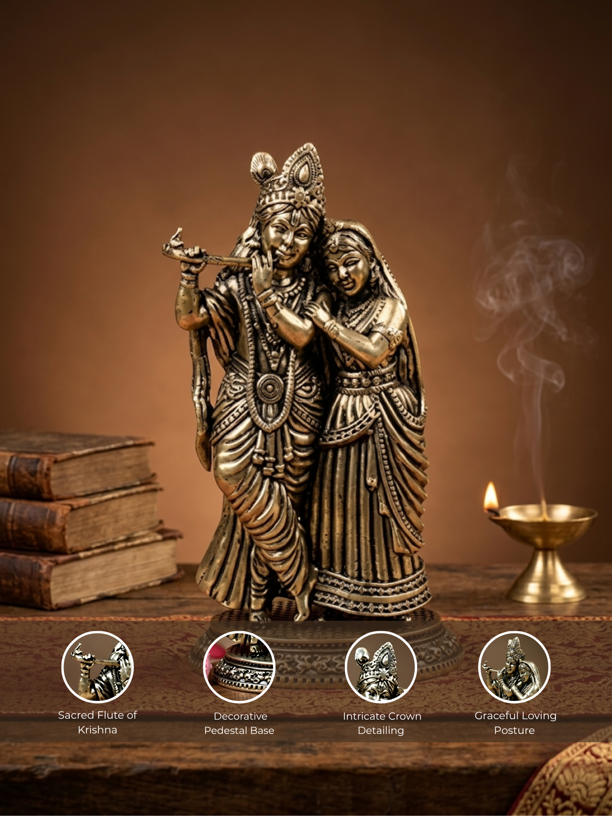 Detailed feature view of the Mani Monk Radha Krishna idol highlighting the intricate sacred detailing, the divine couple's traditional attire, and antique Ashtadhatu finish