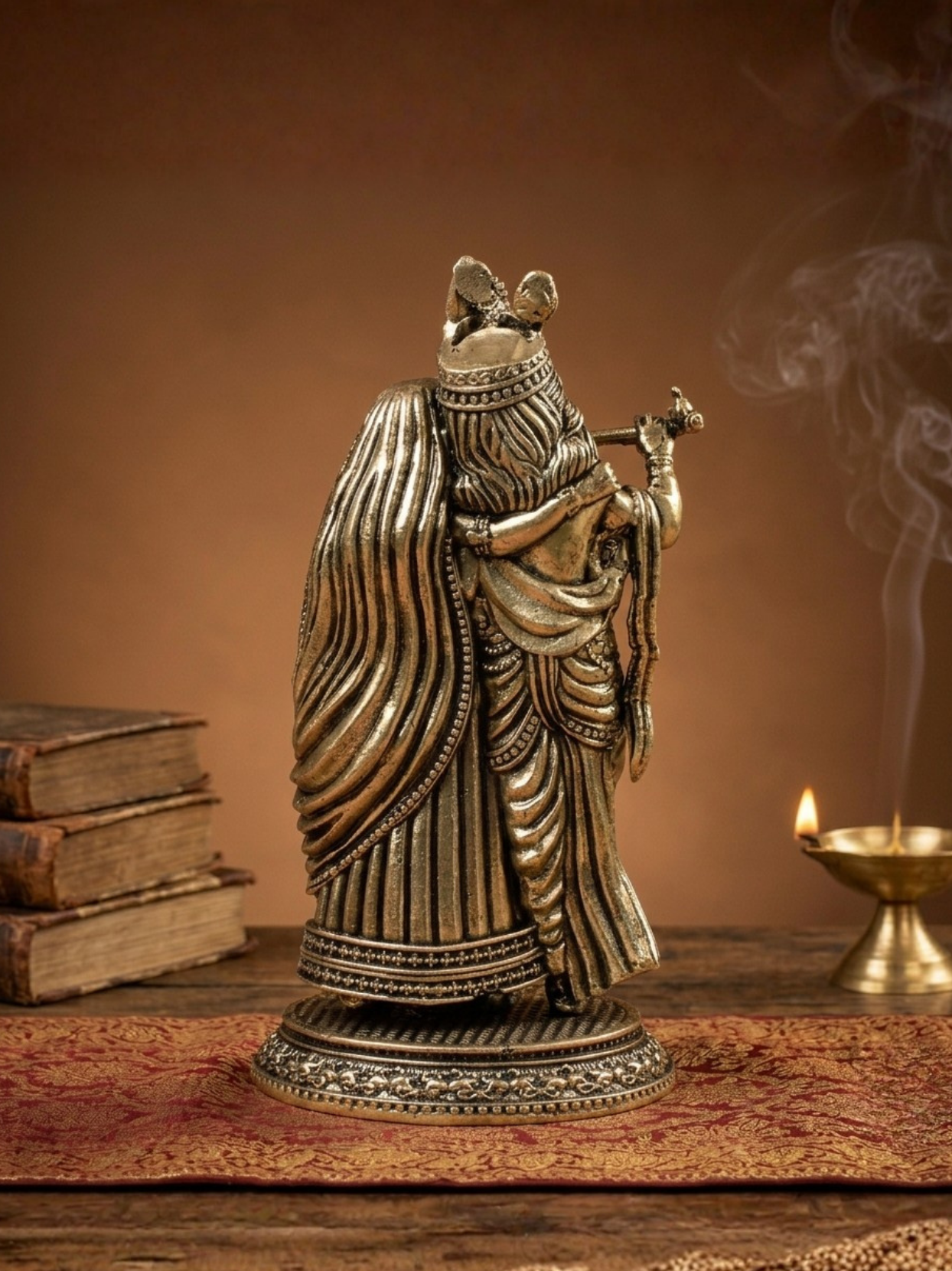 Back angle of the traditional Ashtadhatu Radha Krishna statue, displaying the detailed rear metal craftsmanship and divine posture.