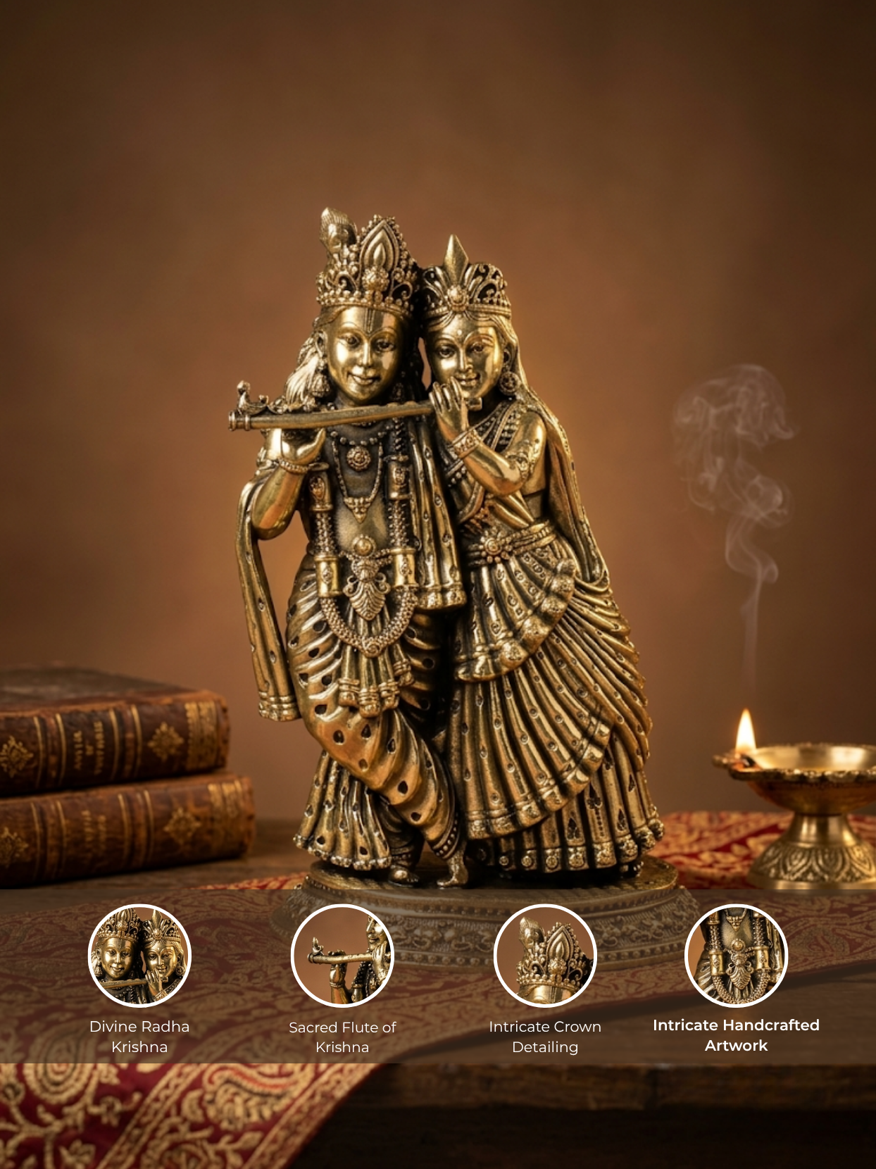 Detailed feature view of the Mani Monk Radha Krishna idol highlighting the intricate sacred detailing, the divine couple's traditional attire, and antique Ashtadhatu finish