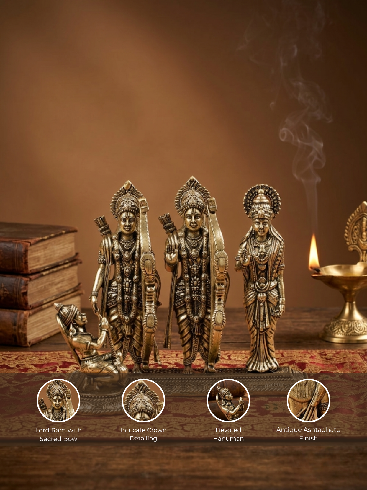 Ram Darbar Ashtadhatu Idol for home mandir, featuring the 8-metal statues on a textured surface with a candle in the background.