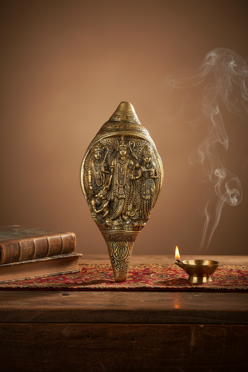 Ram Darbar Brass Shankh Handcrafted Pure Brass Conch Shell with Ram Darbar Engraving for Puja