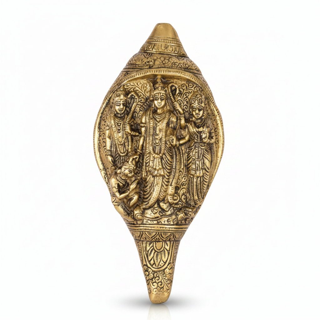 Ram Darbar Brass Shankh Handcrafted Pure Brass Conch Shell with Ram Darbar Engraving for Puja