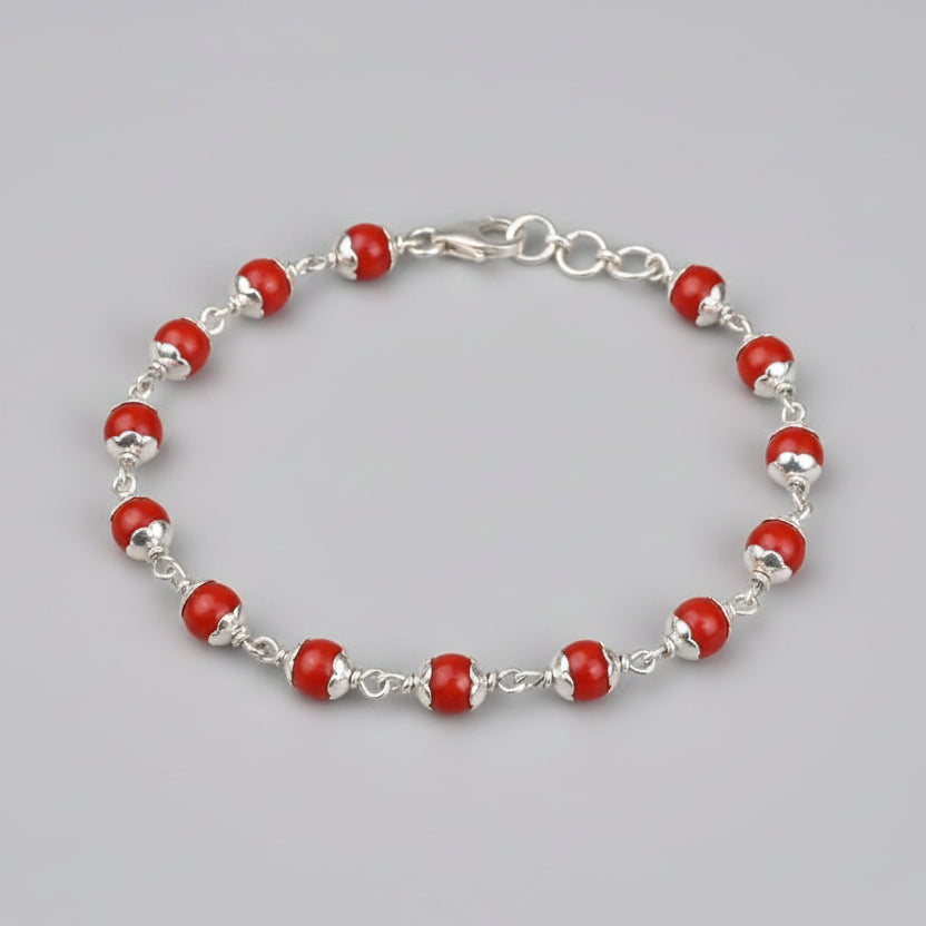 Red Coral 925 Silver Flower Caps Bracelet-5 mm