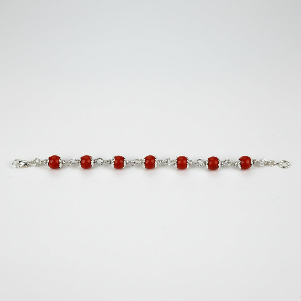 Red Coral 925 Silver Flower Caps Bracelet-5 mm