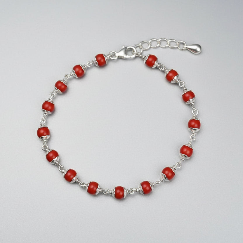 Red Coral 925 Silver Flower Caps Bracelet-6 mm