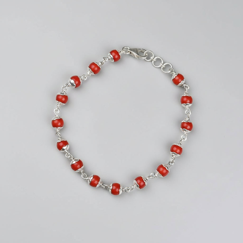 Red Coral 925 Silver Flower Caps Bracelet-7 mm