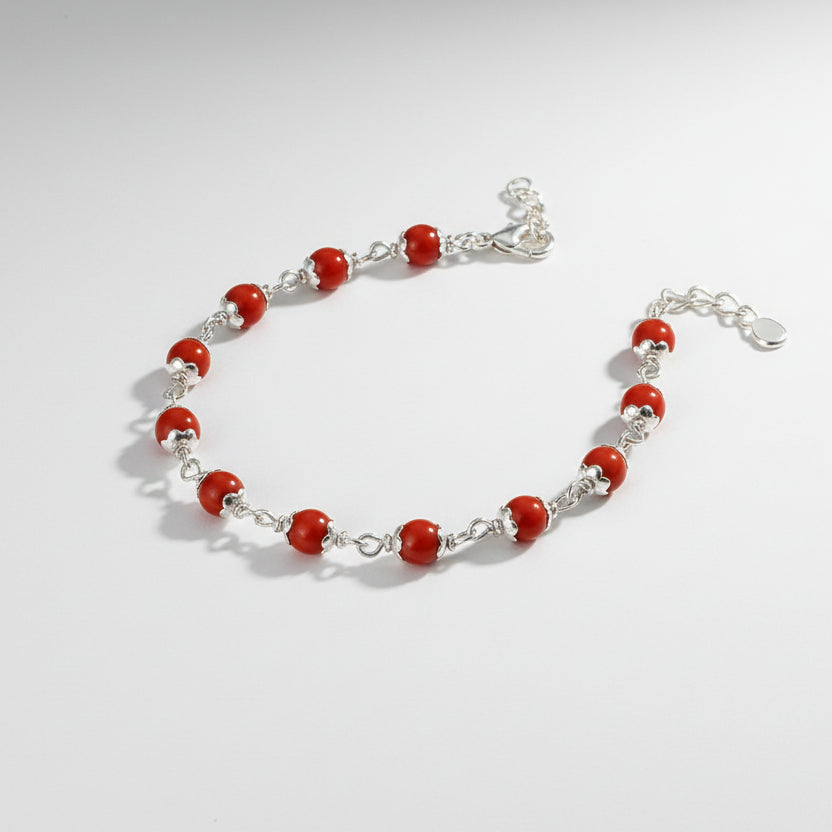 Red Coral 925 Silver Flower Caps Bracelet-7 mm