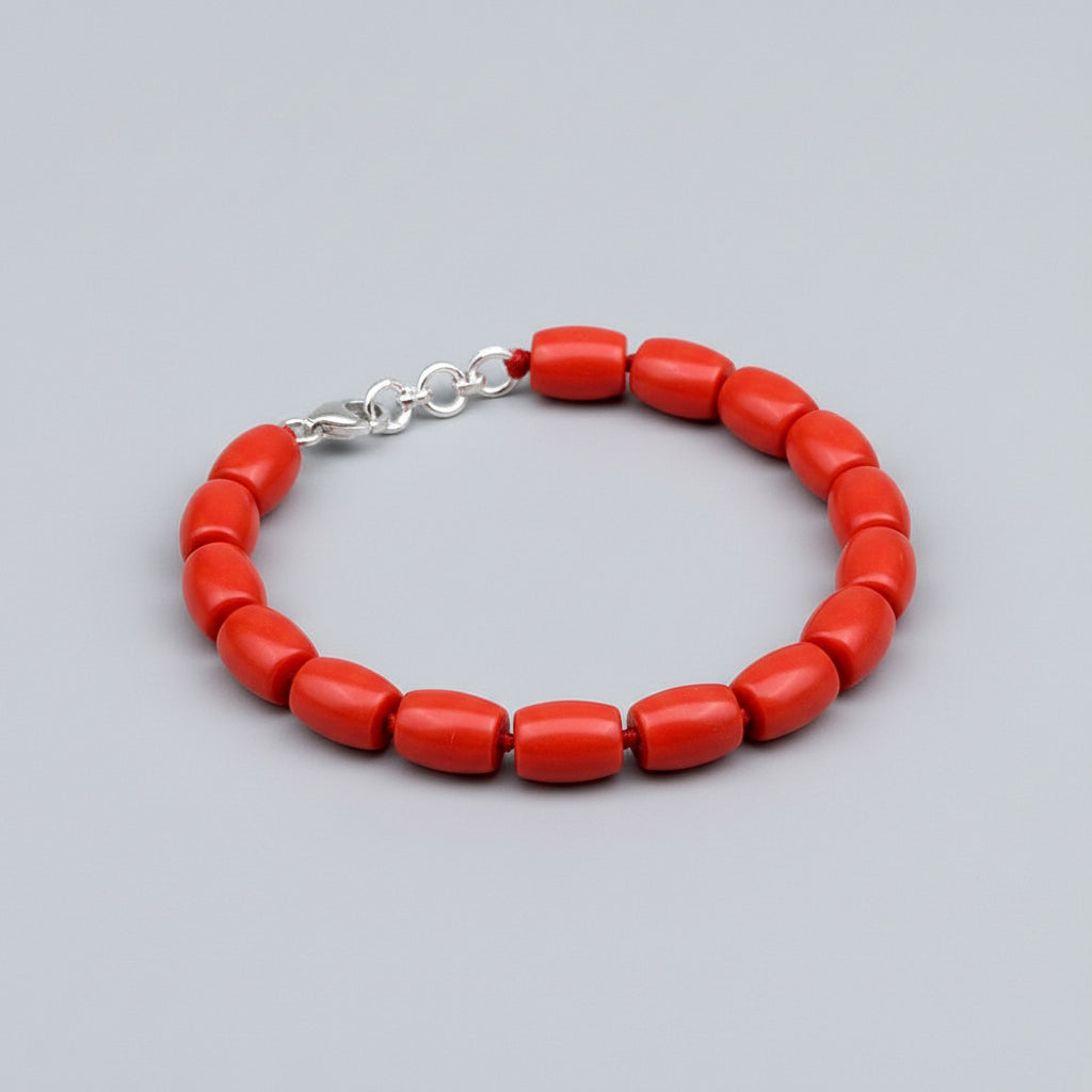 Red Coral Drum Shape Beads Bracelet-11 x 9 mm