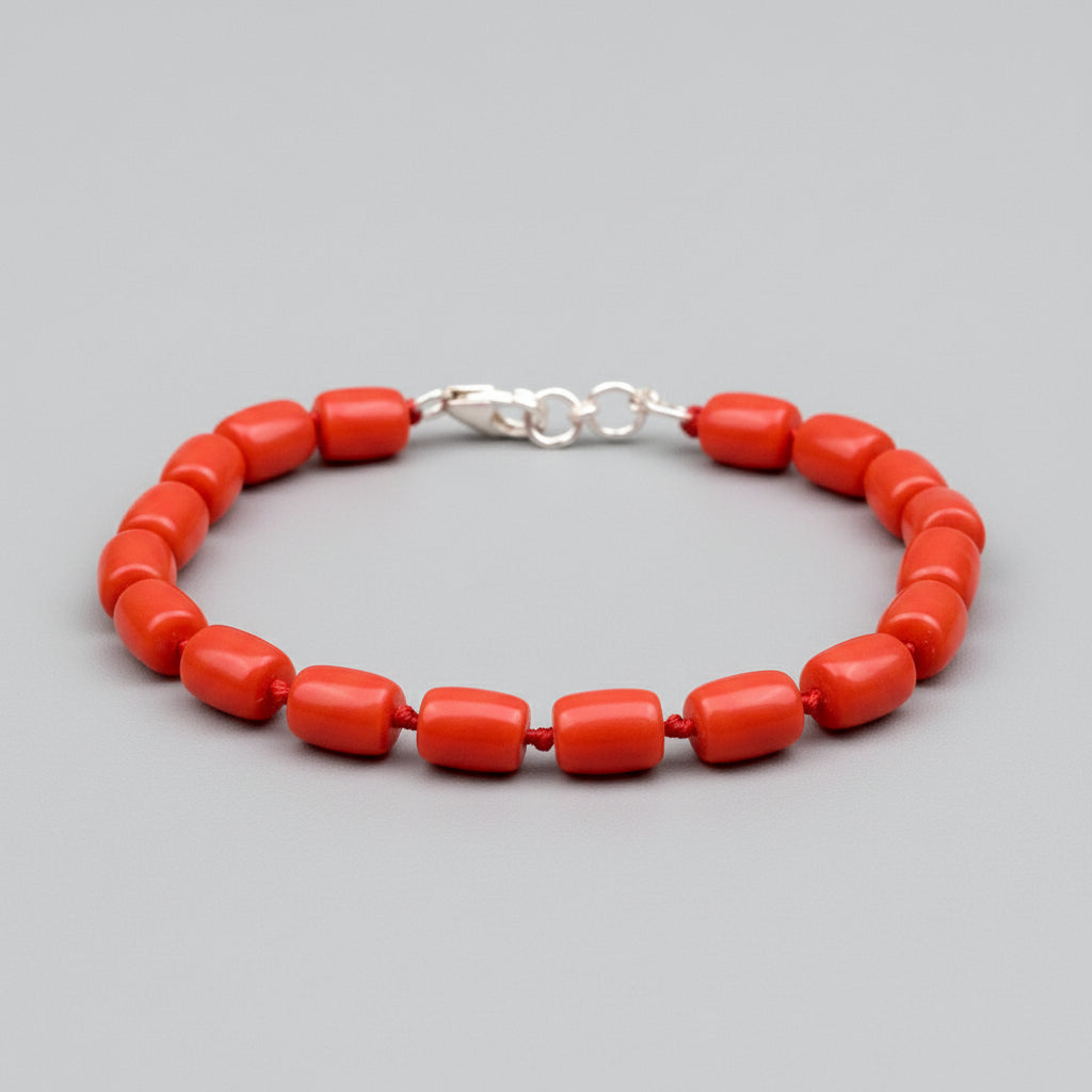 Red Coral Drum Shape Beads Bracelet-6 x 5 mm