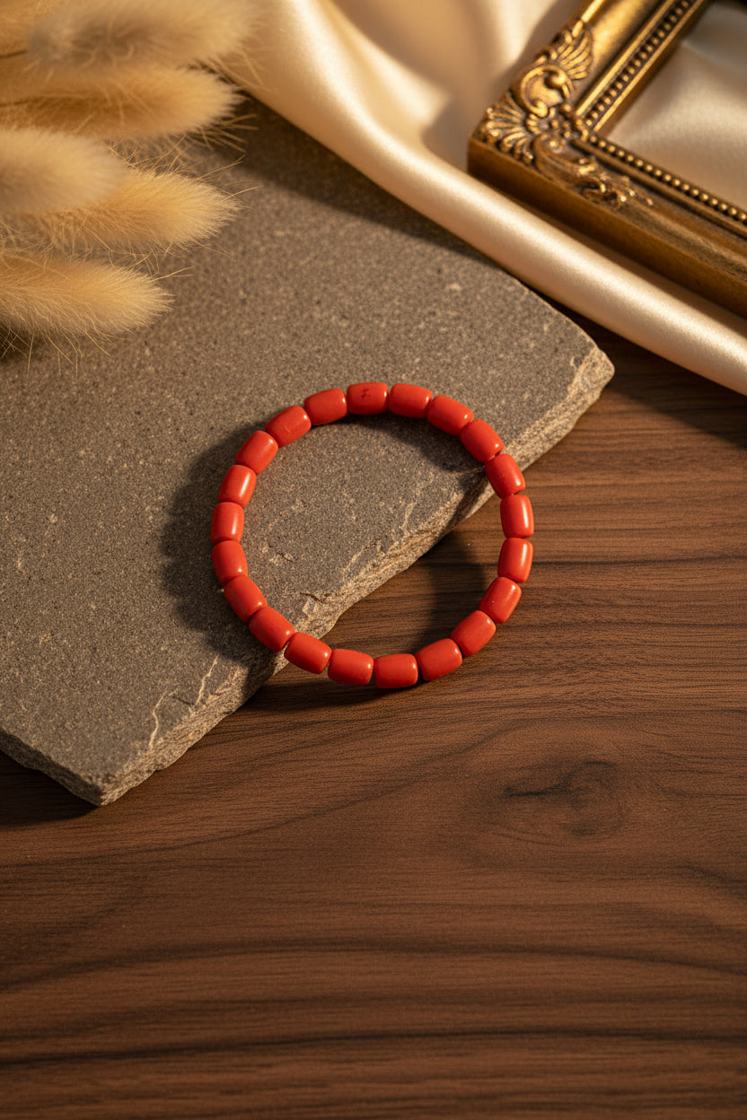 Red Coral Drum Shaped Beads Bracelet