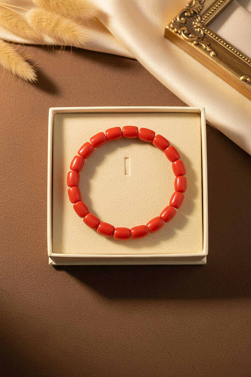 Red Coral Drum Shaped Beads Bracelet mani monk