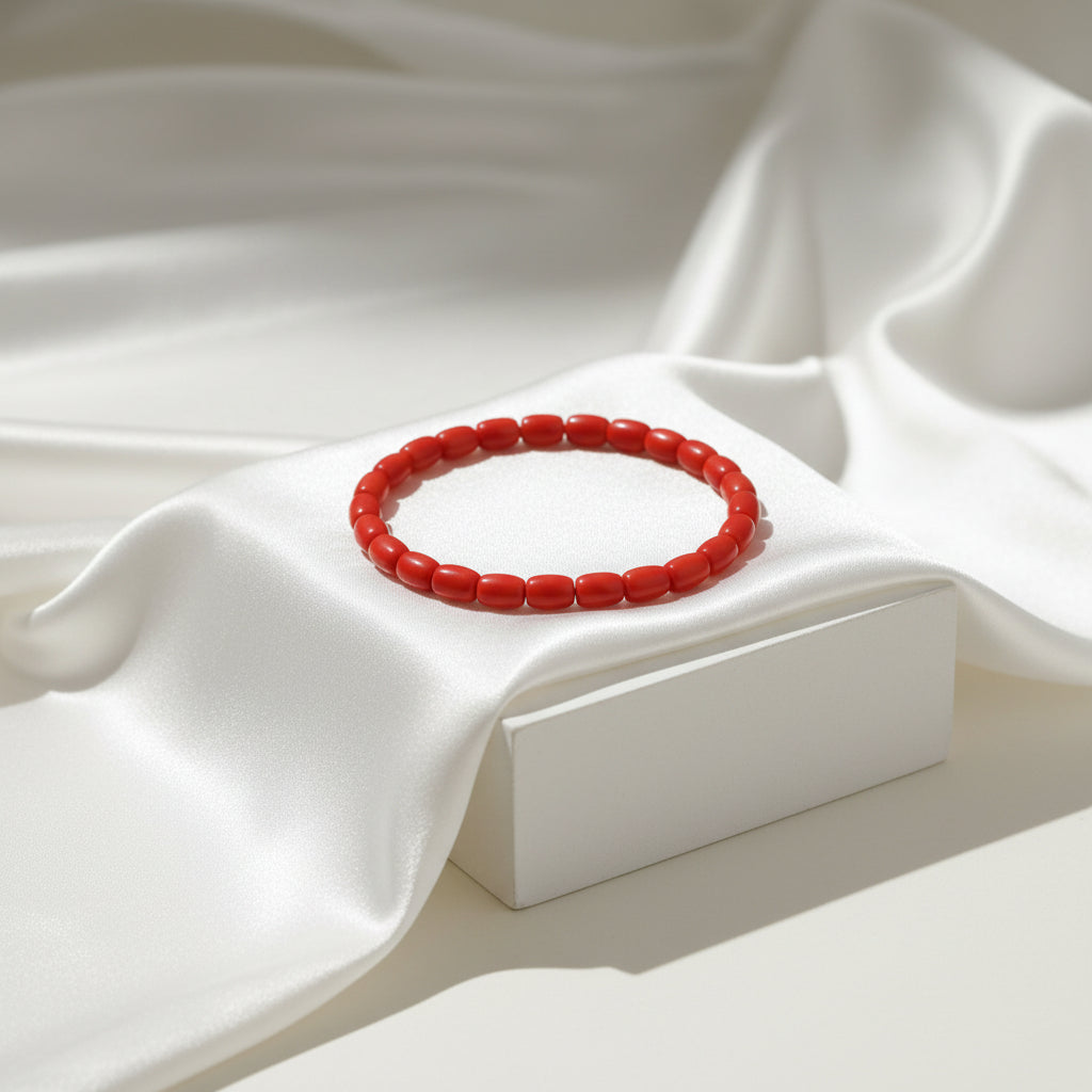 Red Coral Drum Shaped Beads Bracelet-6 x 5 mm