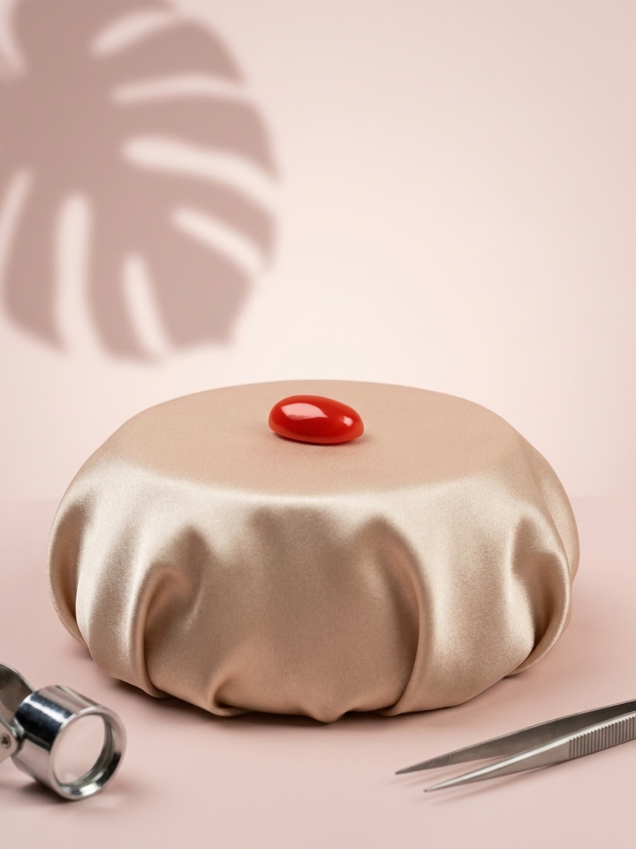 Front lifestyle view of the Mani Monk approx 7-carat Japanese Red Coral stone, resting elegantly on a peach silk pedestal alongside a jeweler's loupe and tweezers.