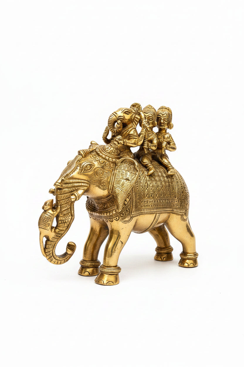 Riddhi Siddhi Ganesh Brass Idol Sitting on Elephant Handcrafted Statue for Home Puja and Temple