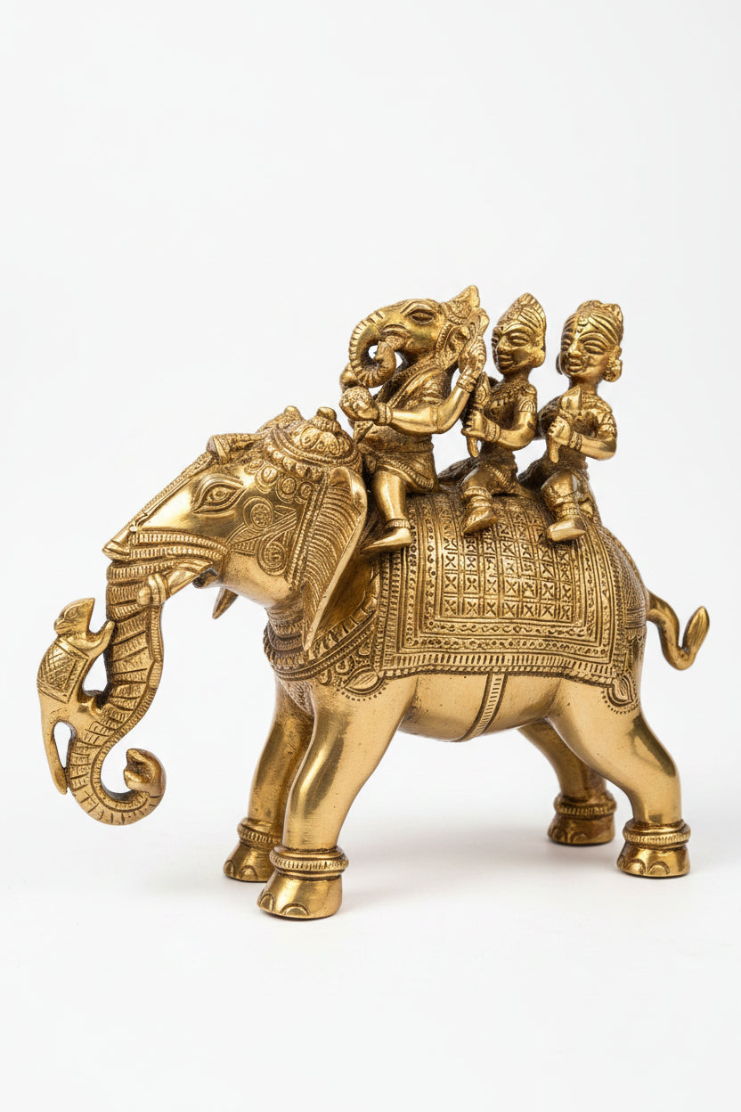 Riddhi Siddhi Ganesh Brass Idol Sitting on Elephant Handcrafted Statue for Home Puja and Temple