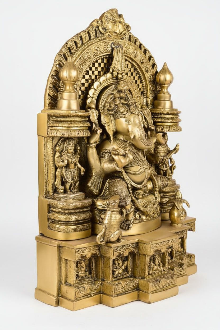 Riddhi Siddhi Ganesh with Prabhavali Throne Arch Brass Idol 18.5 Inch Grand Temple Grade Handcrafted Ganesha Murti