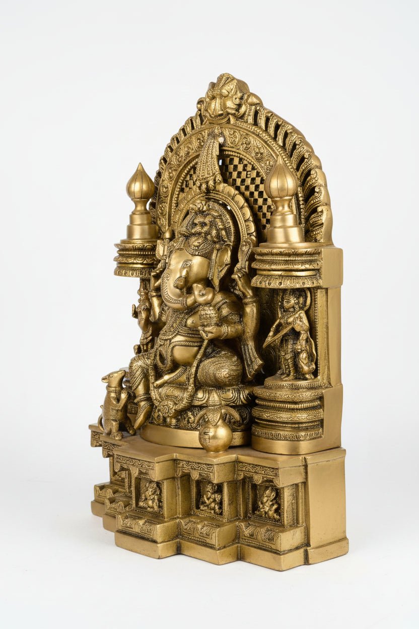 Riddhi Siddhi Ganesh with Prabhavali Throne Arch Brass Idol 18.5 Inch Grand Temple Grade Handcrafted Ganesha Murti
