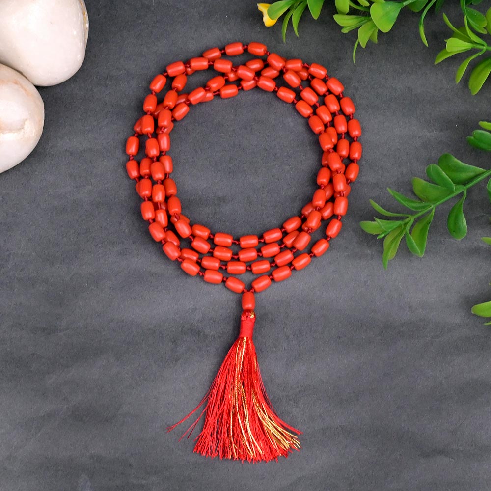 Red Coral Moonga Drum Shaped Mala with Knots-72+1 (Bead Size: 10 mm)