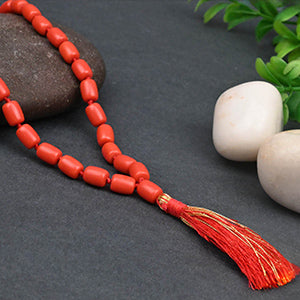Red Coral Moonga Drum Shaped Mala with Knots-72+1 (Bead Size: 11 mm)