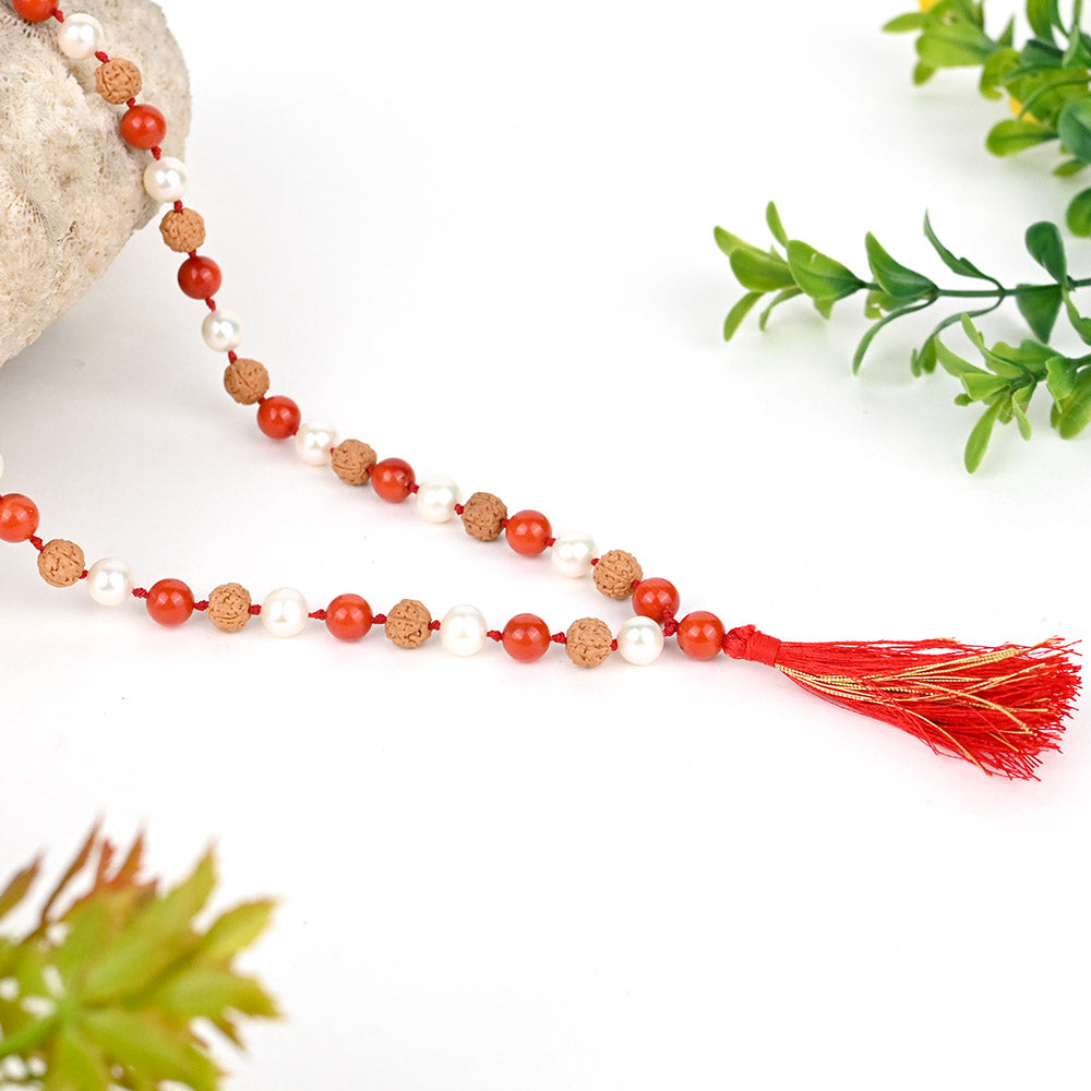 Coral 6 mukhi Rudraksha & Pearl Mala-6 mm