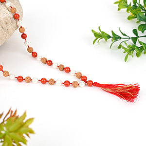 Coral 6 mukhi Rudraksha & Pearl Mala-6 mm