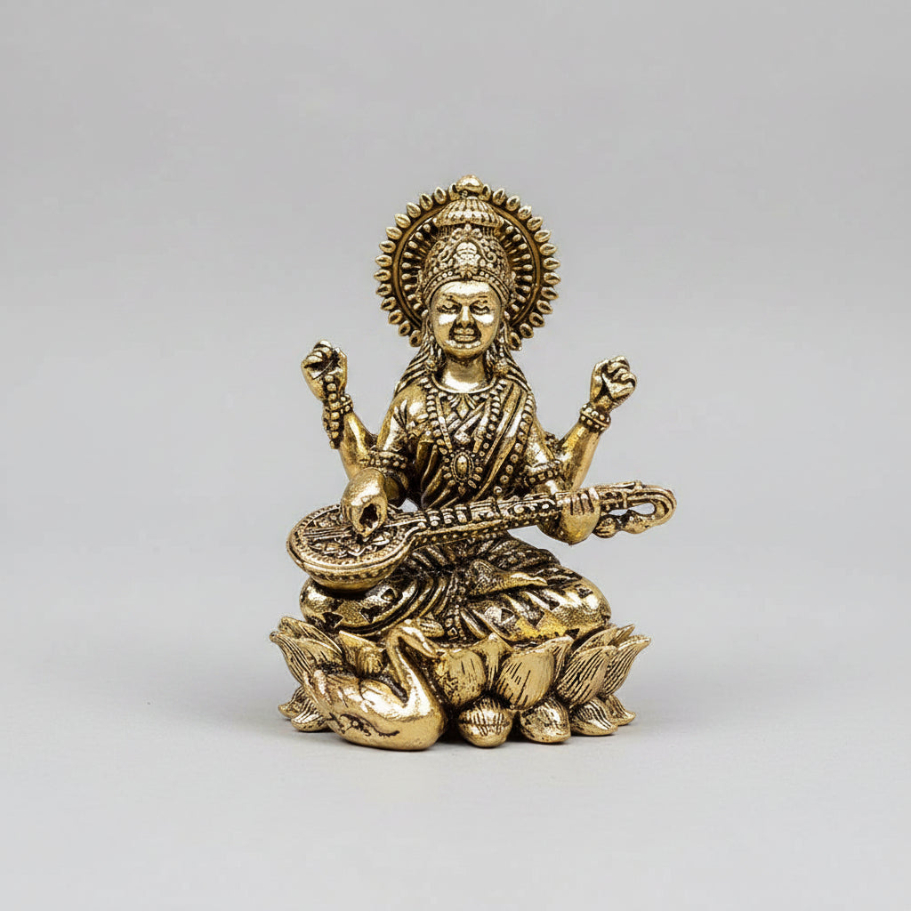 Saraswati on Lotus Ashtadhatu Idol