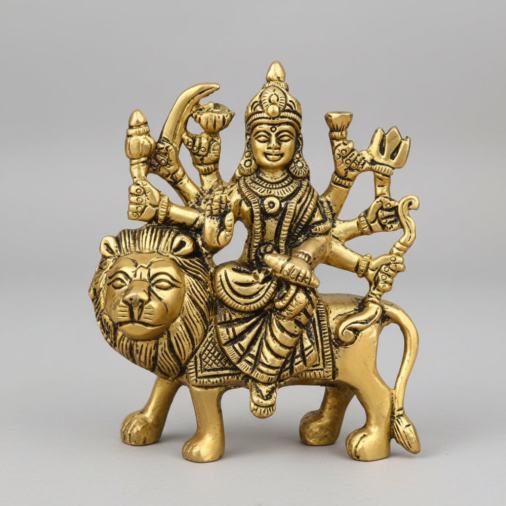 Sherawali Durga Mata Brass Statue 3.8 Inch Handcrafted Brass Idol for Home Temple and Puja Room