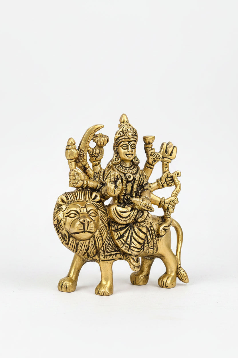 Sherawali Durga Mata Brass Statue 3.8 Inch Handcrafted Brass Idol for Home Temple and Puja Room - ManiMonk
