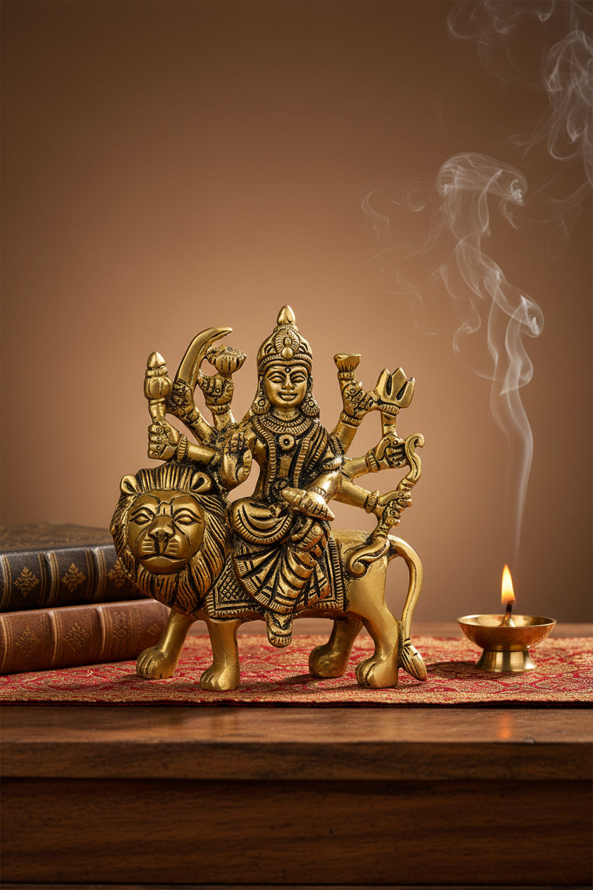 Sherawali Durga Mata Brass Statue 3.8 Inch Handcrafted Brass Idol for Home Temple and Puja Room