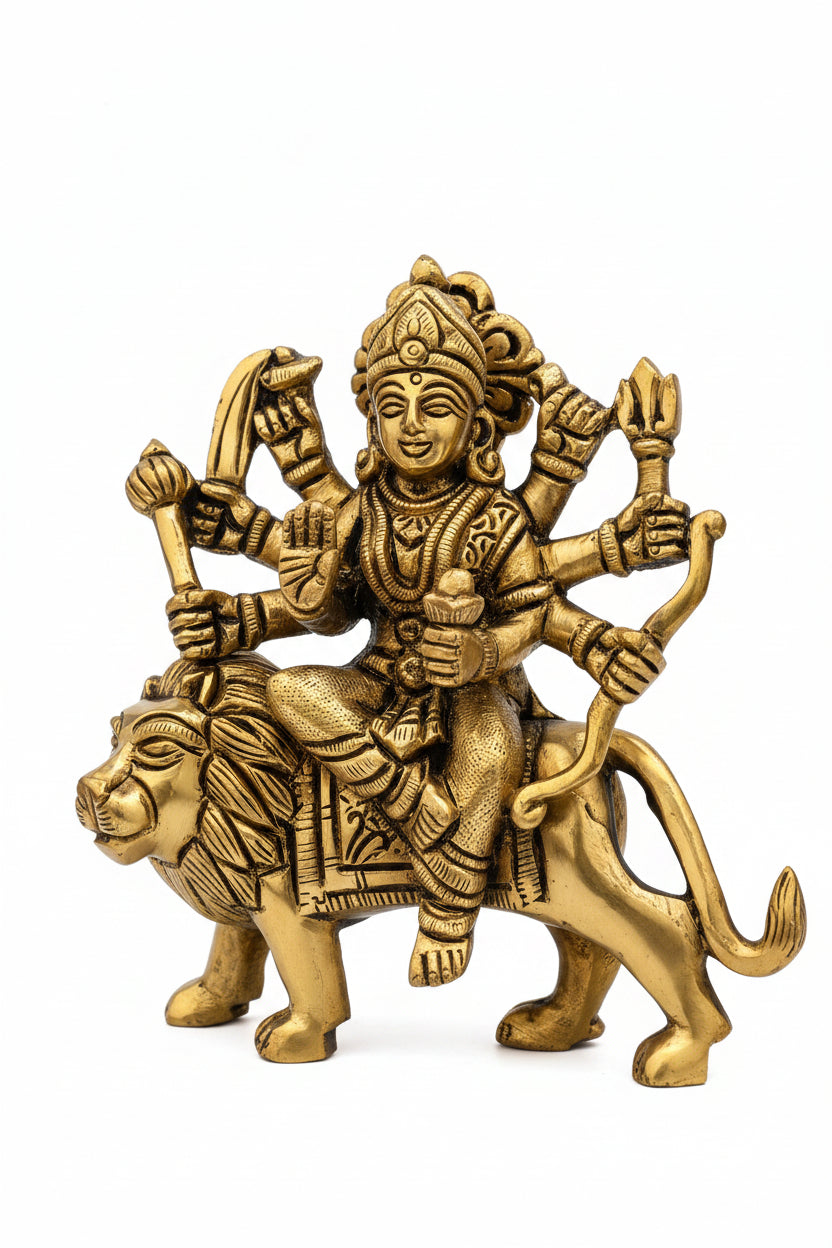 Sherwali Durga Brass Idol 4.2 Inch Premium Handcrafted Murti for Home Temple - ManiMonk