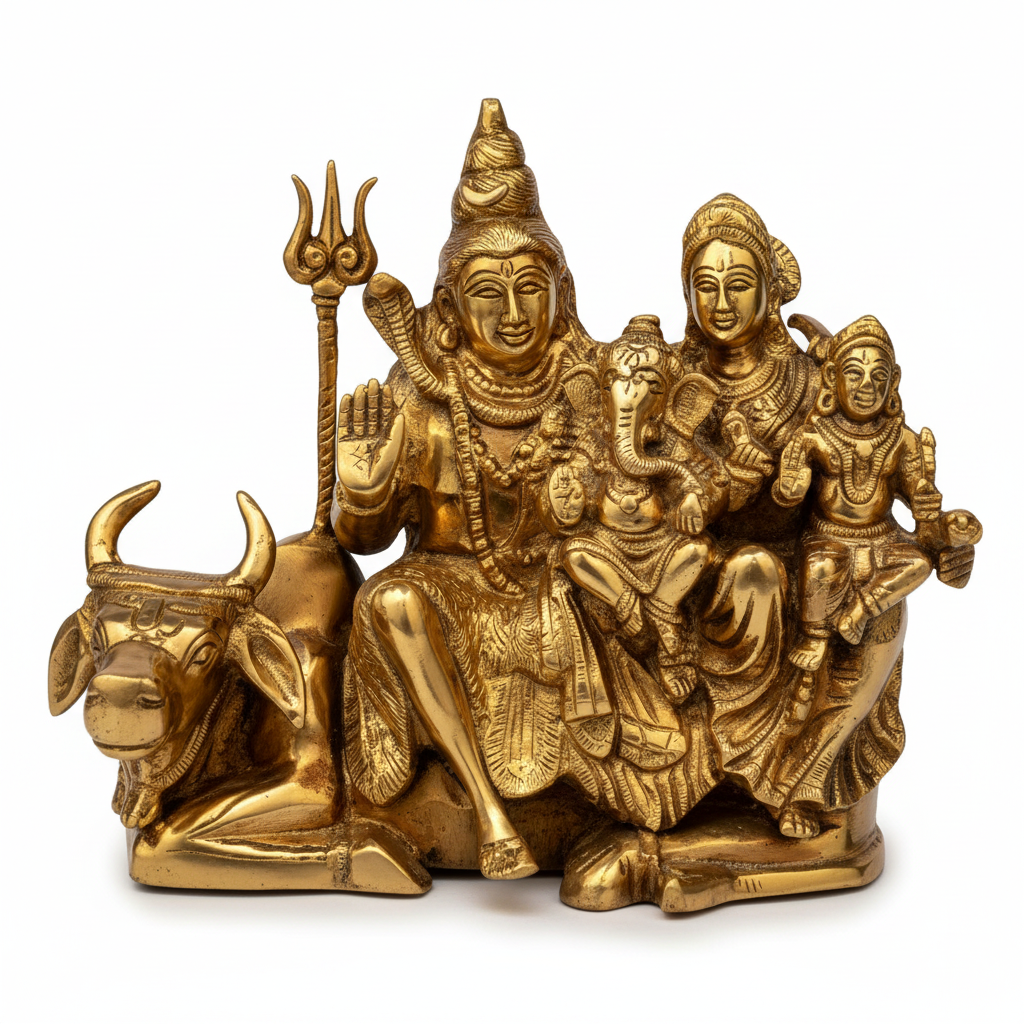 Shiv Parivar Brass Idol Gold Finish 7 Inch Premium Handcrafted Statue for Home Temple